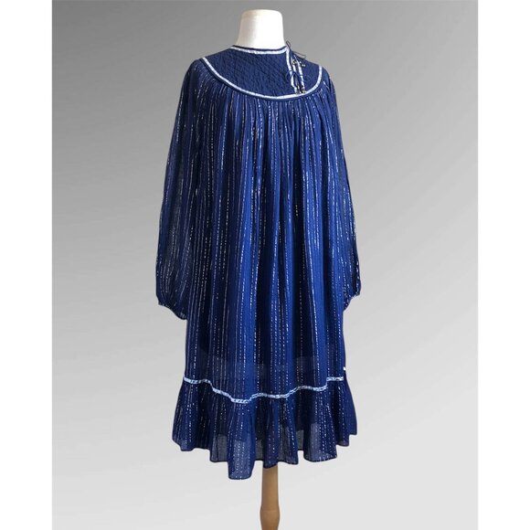 Vintage 70s 80s Silver Metal Lurex & Blue Cotton Gauze Indian Quilted Bib Dress - Picture 3 of 11